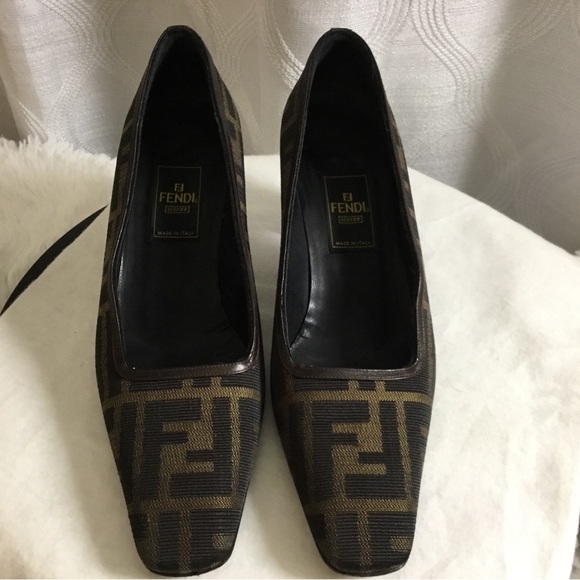 Fendi Shoes - Fendi Brown FF Logo Square-Toe Slip-On Heels
